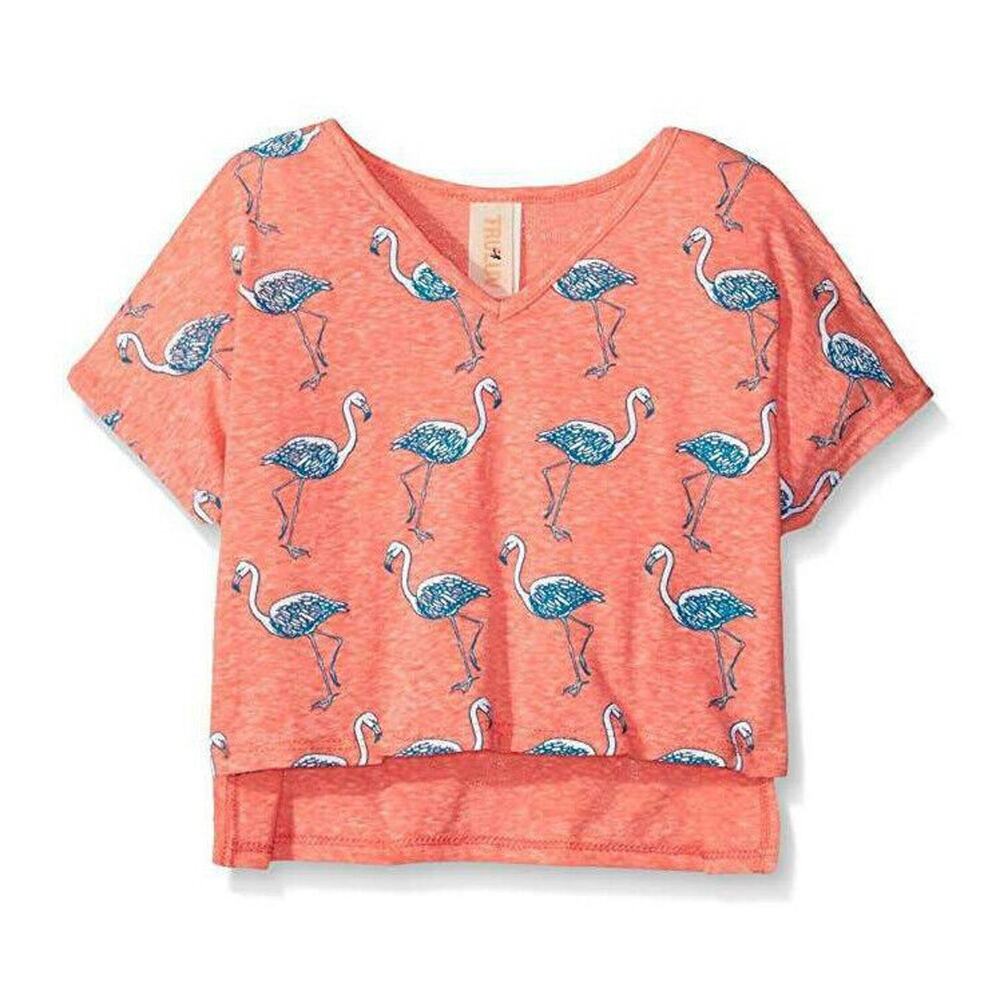Truluv GIRLS 7/8 FLAMINGO V-Neck TOP Pink Coral Blue White High Low Body Hawaii